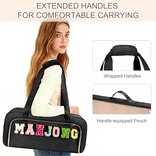 Yarwo 3 PCS Mahjong Bag Empty, Clear American Mahjong Tiles & Rack Bags Set | Zippered Game Storage with Mahjong Mat Strap and Sewn Chenille Letter for Mahjong Tiles, Racks & Pushers, Case Only, Black - color: Black