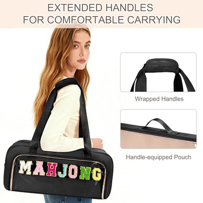Yarwo 3 PCS Mahjong Bag Empty, Clear American Mahjong Tiles & Rack Bags Set | Zippered Game Storage with Mahjong Mat Strap and Sewn Chenille Letter for Mahjong Tiles, Racks & Pushers, Case Only, Black - color: Black