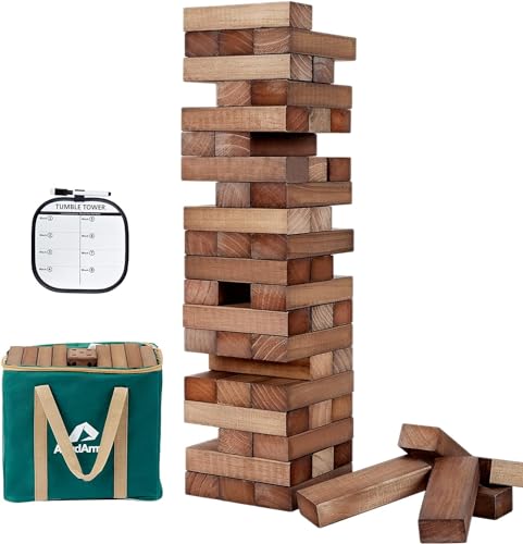 ApudArmis Giant Tumble Tower, 60 PCS Wooden Stacking Game 5FT Lawn Game | Has scoreboard, dice & bag. Non-toxic NZ pine, crack-resistant. Smooth edges. Perfect backyard tailgating BBQ family game - color: Brown, size: L-Stack to 5 FT