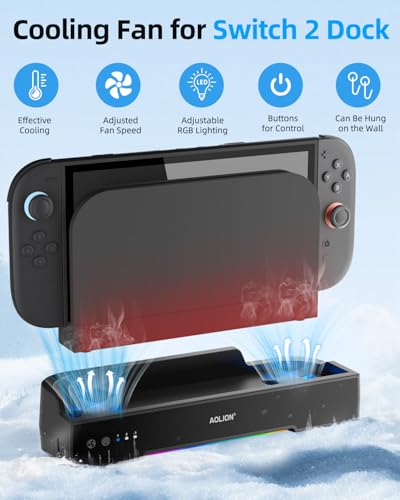 OLCLSS Cooling Fan for Switch 2 Dock, Dual High-Speed Fans with 3-Speed Adjustment, RGB Lighting, Quiet Operation, Wall Mountable Stand, USB Powered Cooling Fan for Switch 2 Console