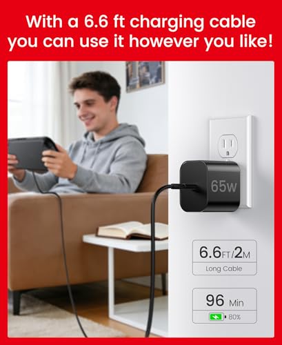 65W Switch 2 Charger with 6.6FT(2M) Cable - GaN3 AC Power Adapter for Nintendo Switch/OLED/Lite & Steam Deck/OLED, Original Quality, Supports 4K TV Mode, PD3.0 Fast Charger for PS4 Controller, Galaxy - size: 6.6FT/2M