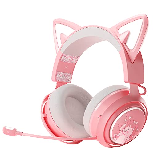 EASARS Wireless Cat Ear Headphones, Pink Gaming Headset Bluetooth 5.0 for Smartphone, Retractable Mic, 50mm Drivers, RGB Lighting Headset with Mic (USB Dongle Not Included) - color: Pink, style: Wireless