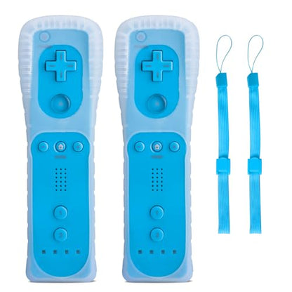 TechKen Wii Controller Pack - 2 Remote Controllers with Silicone Case and Wrist Strap, Compatible with Wii/Wii U - color: Blue