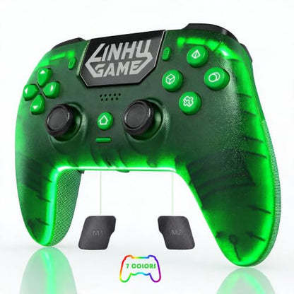 citnh Wireless Controller for PS-5/Pro/Slim/PC, with Transparent Shell/RGB Tape Light/Hall Effect Joyticks and Trigger/Macro/Turbo/3.5mm Audio Jack/Speaker and Mic/1500 mAh Large Battery Gamepad (Green)
