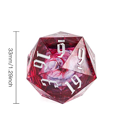 Cusdie Single D20 DND Dice with Sharp Edges and Glitter Foil Inclusions, 20 Sided D&D Dice, 33mm Handcrafted Polyhedral Dice, for Role Playing Game (Red/Black) - color: Red Black