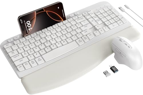 Wireless Keyboard and Mouse Combo with Ergonomic Wave Key | Leather Soft Palm Rest, Rechargeable, 4-Level DPI, Phone Holder, 2.4GHz, MA22 Plus Full Size Set for PC, Laptop, Windows, Mac - color: Cloudy White
