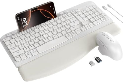 Wireless Keyboard and Mouse Combo with Ergonomic Wave Key | Leather Soft Palm Rest, Rechargeable, 4-Level DPI, Phone Holder, 2.4GHz, MA22 Plus Full Size Set for PC, Laptop, Windows, Mac - color: Cloudy White