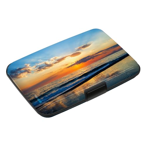 Credit Cards Holder, RFID Blocking Aluminum Wallet Slim Metal Hard Case Mini Travel Wallet ID Case for Women Men, Seaside Sunset - color: Seaside Sunset
