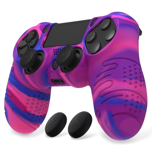 PlayVital Line & Dot Pink & Purple & Blue Silicone Cover Skin for ps4 Controller, Anti-Slip Soft Protector Case Cover with Thumb Grip Caps - color: Pink Purple Blue