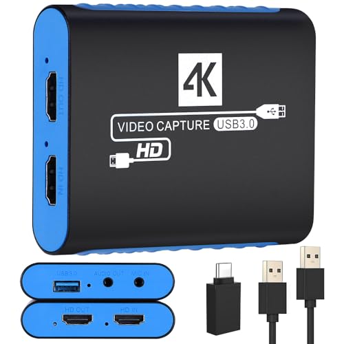 USB Capture Card for Streaming, YUY2 1080P 60FPS for Switch/PS5/Xbox/DSLR | 4K HDMI Pass-Through, 3.5mm Mic-in, Plug & Play No Drivers, for OBS Twitch YouTube, Windows/Mac Compatible - color: Blue