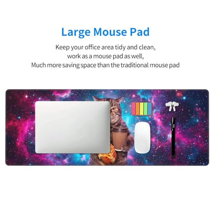 Funny Space Cat Large Mouse Pad, XL Extended Gaming Mousepad (31.5 x 11.8 in), Non-Slip Rubber Base Desk Mat with Stitched Edges for Office & Gaming, Pizza & Coffee Design - color: 22