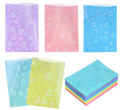 ONLYKXY 100pcs Soft Clear Plastic Heart Glitter Bag Storage Pouch Laser Sleeve Cover Pocket Holder Holographic Photo Protector Top Loader for 3in Trading Card Coin Jewelry (Mixed Colors) - color: Mixed Colors