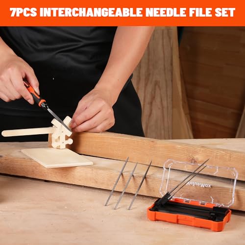 ValueMax 7PCS Interchangeable Needle File Set, Small File Set | Includes Flat, Flat Warding, Round, Half-Round, Square, Triangular File and Handle, For Shaping Metal, Wood, Jewelry, Plastic