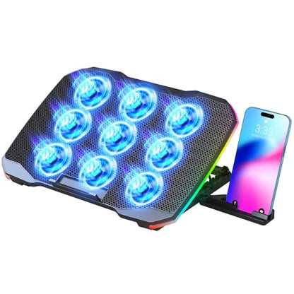 AIMIUZI Laptop Cooling Pad, Gaming Laptop Cooler with 9 Quiet Fans, Laptop Cooling Stand for 12-17 Inch, Laptop Computer Fan with 5 Height Adjustable,2 USB Ports,1 Phone Stand - color: Colorful