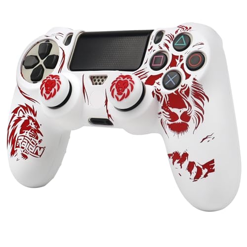 Lion Design Controller Skin Cover with 2 Thumb Grips Compatible with PS4/Playstation 4 Slim/Pro Controller - color: Lion White Red