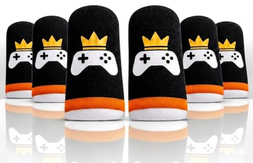 King of The Game - Improved Materials Gaming Finger Sleeves (6 Pack) for Touch Screens and Controllers. Skin-Protective, Ultra-Sensitive, Sweat-Resistant, Breathable and Stretchable. (Orange) - color: Orange
