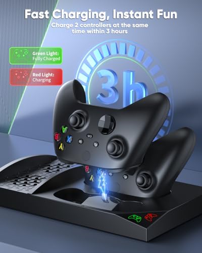Charger Stand with Cooling Fan for Xbox Series S Console and Controller,Vertical Dual Charging Dock Accessories with 2 x 1400mAh Rechargeable Battery and Cover, Earphone Bracket for XSS(Black) - color: Black