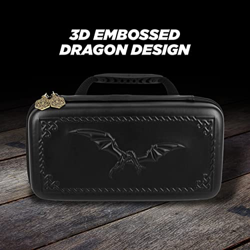 CASEMATIX Dice Box and Card Case for 9 Sets of RPG Dice, Spell Cards, Counters and Other Accessories - Hard Shell Dice Holder with Embossed Dragon Design, Carry Handle and Dice Tray Functionality