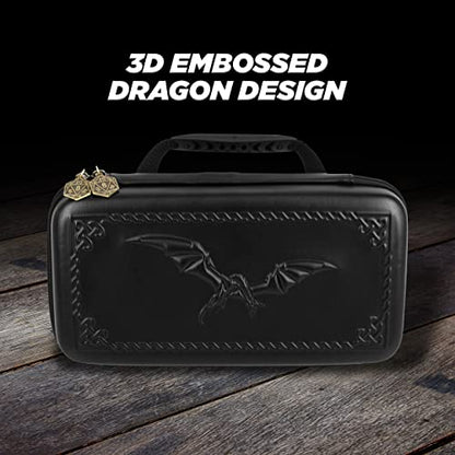 CASEMATIX Dice Box and Card Case for 9 Sets of RPG Dice, Spell Cards, Counters and Other Accessories - Hard Shell Dice Holder with Embossed Dragon Design, Carry Handle and Dice Tray Functionality