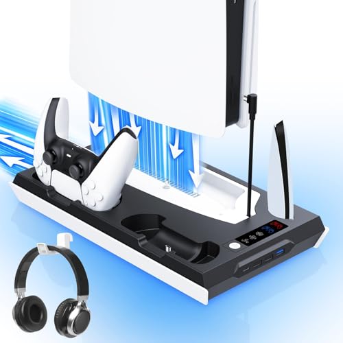 PS5 / PS5 Slim Cooling Station with Dual Controller Charging Station, PS 5 Cooling Stand for PlayStation 5 Console, Headset Holder/ PS 5 Cooling Fan/4 USB Hub All in One Accessories Organizer, Black - color: Black