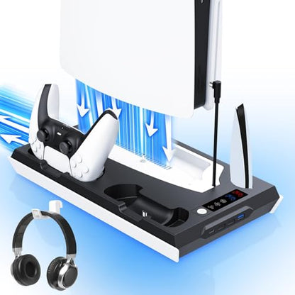 PS5 / PS5 Slim Cooling Station with Dual Controller Charging Station, PS 5 Cooling Stand for PlayStation 5 Console, Headset Holder/ PS 5 Cooling Fan/4 USB Hub All in One Accessories Organizer, Black - color: Black