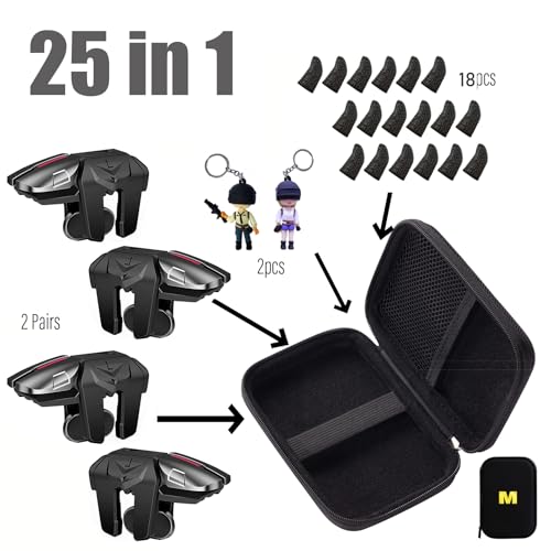 Mikirini 25 in 1 Mobile Phone Game Controller for PUBG/Fornite/Call of Duty | L2R2 gaming trigger, compatible with iPhones & Android Cell Phones, free fire, 6 fingers operation, max thickness 13mm - color: Combo