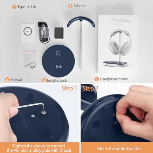 Headphone Stand with Wireless Charger, Gaming Headset Holder Hanger Rack 2 in 1 Wireless Charging Station Dock for iPhone 15/14/13/12/11 Series, Samsung, AirPods Pro/3/2, Aluminum Alloy Rod, Navy Blue - color: Navy Blue