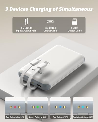 GOODaaa Portable Charger, 3-Pack 10000mAh Slim Power Bank Built in Cables, 3 Outputs 1 Inputs Family Power Hub for All Mobile Devices, Charging Station Set Includes 140 DlY Stickers, for Home,Office - color: White