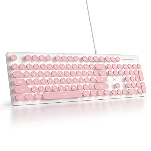 Wired Quiet Membrane Keyboard,Full Size 104-Keys Retro Punk Typewriter White LED Backlit ，USB Ultra Slim Gaming Keyboard with ABS Round keycaps for Windows/PC/Laptop (Pink) - color: V8Pink