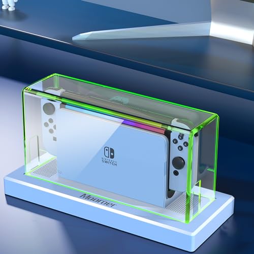 Mooroer Dust Cover with 16 LED Colors Light Base for Nintendo Switch/OLED, Acrylic Clear Display Box Anti-Scratch Waterproof Slim Dock Case, Cool Switch Accessories