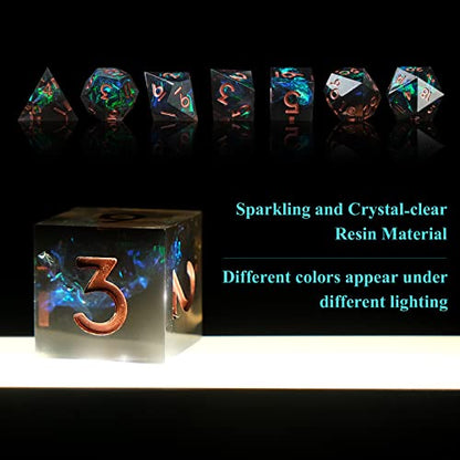 Sharp Edge DND Dice Set Handmade 7 Accessories Dice for Dungeons and Dragons TTRPG Games, Multi-Sided RPG Polyhedral Resin Sharp Edge Dice Roleplaying Games - color: Green Brown New