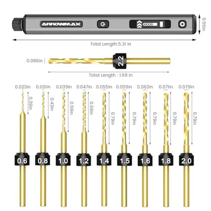 AM ARROWMAX Mini Drill Pen, 5-Speed, LED Lights, OLED Display, Aluminium Box, Resin Drill Set With 10 Small Bits, 3/32-Inch Shank, For Jewelry Making, Wood, Plastic,(SDS) - style: SDS