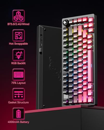 LEOBOG x Aula HI75C Pro Mechanical Gaming Aluminum Wireless Keyboard | Tri-Modes Bluetooth/USB-C/Wireless,Hot Swappable Pre-lubed Reaper Switches, Programmable RGB Backlit 81 PBT Keycaps - color: Black Pink