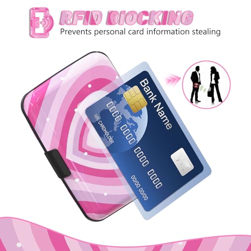 Credit Card Holder, Mini RFID Small Aluminum Card Wallet Business Card Case | Blocking Slim Metal RFID Blocking Front Pocket Wallet Hard Case Durable CC Holder for Women Girls, Pink Hearts - color: Pink Hearts