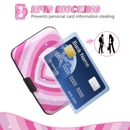 Credit Card Holder, Mini RFID Small Aluminum Card Wallet Business Card Case | Blocking Slim Metal RFID Blocking Front Pocket Wallet Hard Case Durable CC Holder for Women Girls, Pink Hearts - color: Pink Hearts