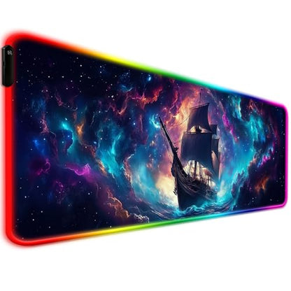 RGB Fantasy Pirate Ship Gaming Desk Mat, Computer Keyboard Large Extended Long LED Mouse Pad for Office and Home, XL (W01) - color: Rgb-w01