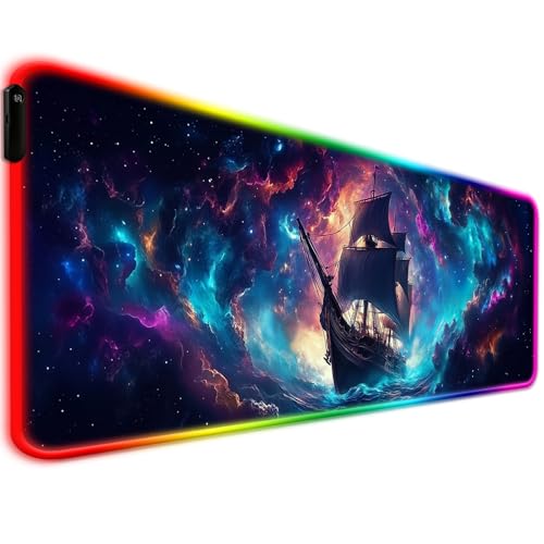 RGB Fantasy Pirate Ship Gaming Desk Mat, Computer Keyboard Large Extended Long LED Mouse Pad for Office and Home, XL (W01) - color: Rgb-w01