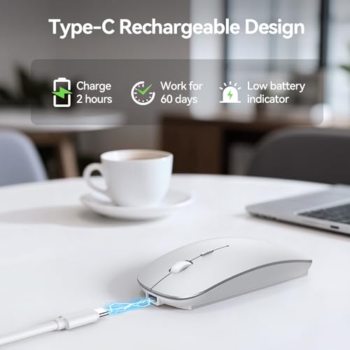 TECKNET Wireless Mouse, 4800 DPI Rechargeable Bluetooth Mouse for Laptop | Bluetooth 5.2/3.0 & 2.4G, Ultra-Thin, 6-Level Adjustable 4800 DPI Computer Mouse for Mac OS, iPad, Windows, Android - color: silver