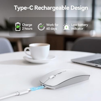 TECKNET Wireless Mouse, 4800 DPI Rechargeable Bluetooth Mouse for Laptop | Bluetooth 5.2/3.0 & 2.4G, Ultra-Thin, 6-Level Adjustable 4800 DPI Computer Mouse for Mac OS, iPad, Windows, Android - color: silver