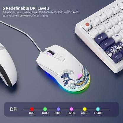 Womier Wired Gaming Mouse, 12400 DPI RGB Mouse with RGB Backlit | 7 Macro Buttons PC Gaming Mice Support DIY Keybinding, Gamer Computer Mice for Laptop PC Mac Windows(G705 Kanagawa) - color: White