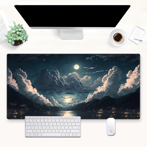 Moonlit Night Desk Mat, Starry Sky XXL Large Gaming Mouse Pad 31.5x15.7 in | Aesthetic landscape night desk pad with comfortable 3mm cushion, smooth fabric top, and non-slip rubber core. - color: Moon Adn Cloud