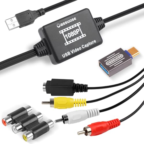 Oassuose VHS to Digital Converter,USB-A/USB-C Video 1080P Capture Card | RCA/AV to USB2.0 Audio Video Transfer Grabber,Convert Analog VHS VCR Hi8 Mini DV to Digital Converter,for PC DVD Tape Camera