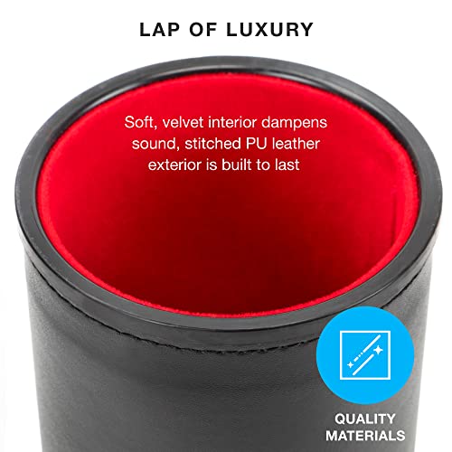 Brybelly Dice Set with Dice Shaker Cup - Perfect for Casino Dice Game for Family Leather - Poker Dice Shaker - 5 Red Lined Dice Cups and 25 Dice Sets - style: 5 Red Cups & 25 White Dice