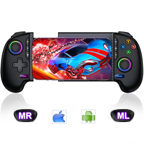 Mobile Game Controller for iPhone/Android Handheld Gaming, Wireless Phone Gaming Controllers with (Programmable) /Hall Effect Joysticks & Analog Triggers/Adjustable Turbo for Steam Link, Call of Duty, Roblox &more (Blcak-LED) - color: Black-RGB