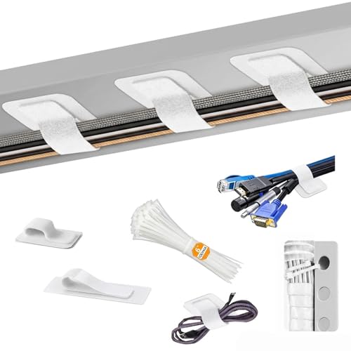 Under-Desk Cable Management Kit: 20 Adhesive & 100 Zip Ties(White) | Adjustable hook and loop ties with strong adhesive, durable nylon zip ties. Keep cords organized, reduce desk clutter - color: White