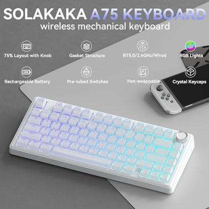 SOLAKAKA A75 Wireless Gaming Keyboard with Multifunction Knob, BT5.0/2.4GHz/USB-C, 75% Mechanical Keyboard, Hot-Swappable, Gasket Creamy Keyboard with RGB Backlit, Crystal Keycaps, for PC/Mac/PC - color: Crystal-White