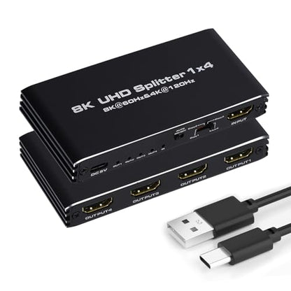 8K@60Hz HDMI Splitter 1 in 4 Out, 1x4 HDMI 2.1 Splitter Support 4K@120Hz, 1080P@240Hz VRR HDCP2.3 HDR 10, 48Gbps EDID Dolby Atmos 7.1ch - size: 1x4