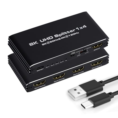 8K@60Hz HDMI Splitter 1 in 4 Out, 1x4 HDMI 2.1 Splitter Support 4K@120Hz, 1080P@240Hz VRR HDCP2.3 HDR 10, 48Gbps EDID Dolby Atmos 7.1ch - size: 1x4