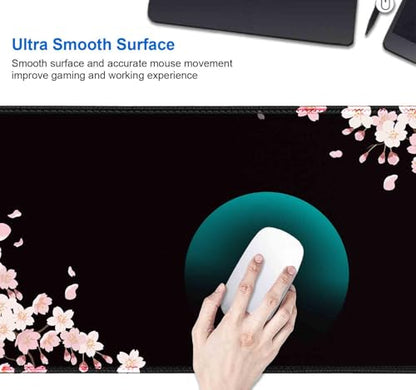 IMAYONDIA Ethereal Sakura Nightfall Desk Pad (35.4x15.7 in), Cherry Blossom Large Gaming Mouse Pad Mousepad, Serene Blossoms on Black Elegant Floral Art Desk Mats, Japanese Floral Computer Accessory - color: Cherry Blossom Black