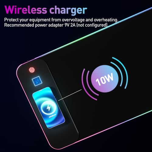 Wireless Charging RGB Gaming Mouse Pad 10W, 10 Light Modes Extra Large Mousepad,LED Mouse Mat 800x300x4MM, Non-Slip Rubber Base Computer Keyboard Mat for Gaming, PC, Laptop, MacBook,Desk.